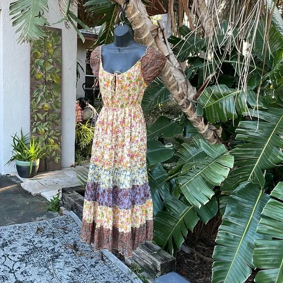 Floral patchwork fit, and flare tiered dress with puff sleeves